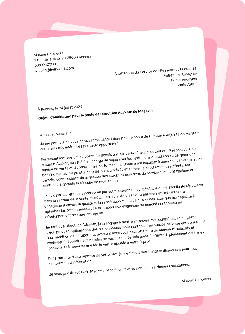 Modèle lettre de motivation Directeur adjoint de magasin Exemple lettre de motivation Directeur adjoint de magasin