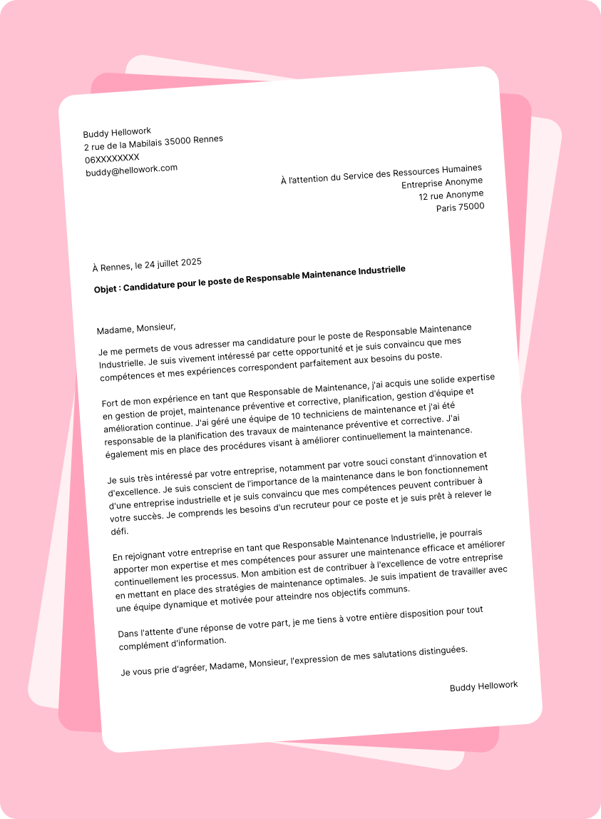 Exemple lettre de motivation Responsable de maintenance industrielle