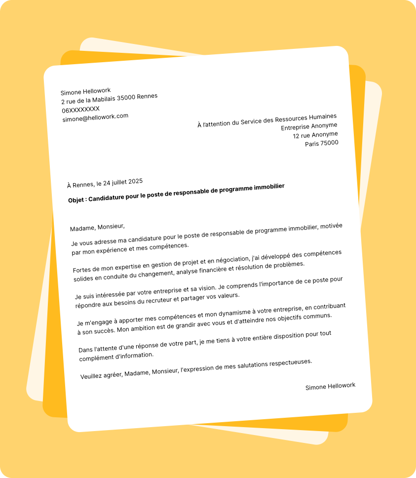 Modèle lettre de motivation Responsable de programme immobilier Exemple lettre de motivation Responsable de programme immobilier