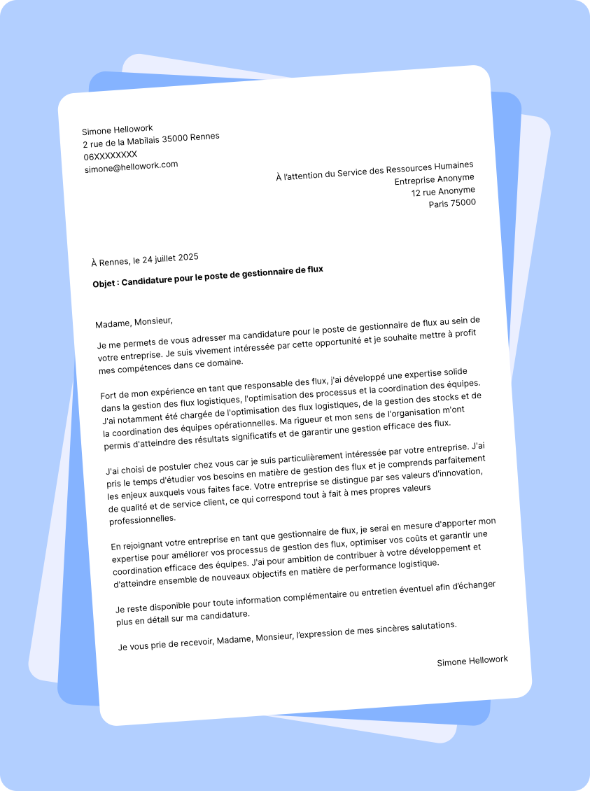 Exemple lettre de motivation Gestionnaire de flux