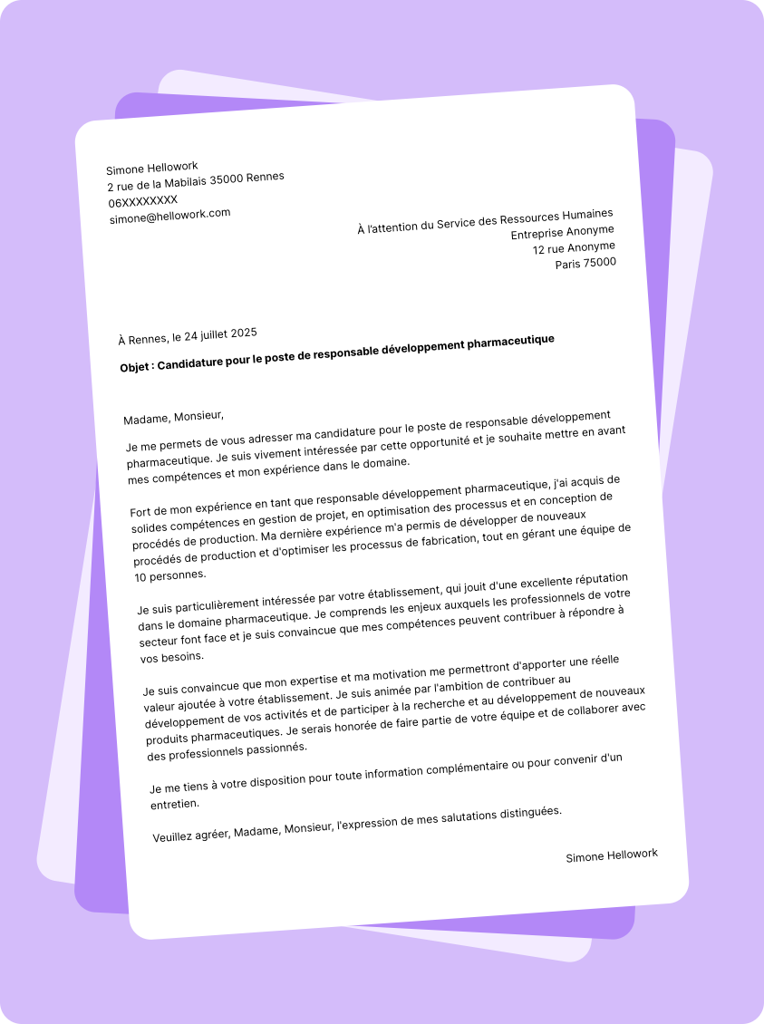 Exemple lettre de motivation Responsable développement pharmaceutique