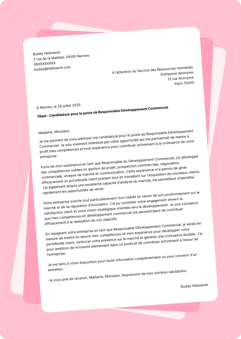 Modèle lettre de motivation Responsable de développement commercial Exemple lettre de motivation Responsable de développement commercial