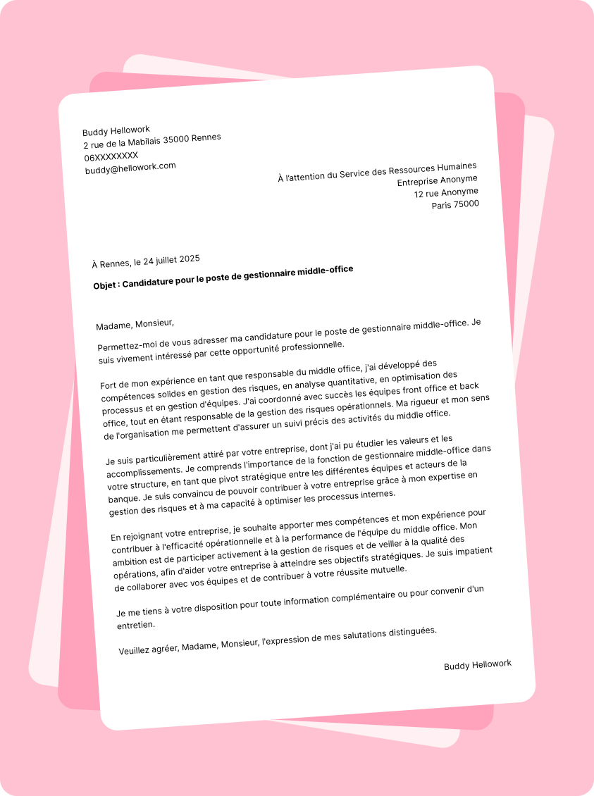 Exemple lettre de motivation Gestionnaire de middle office