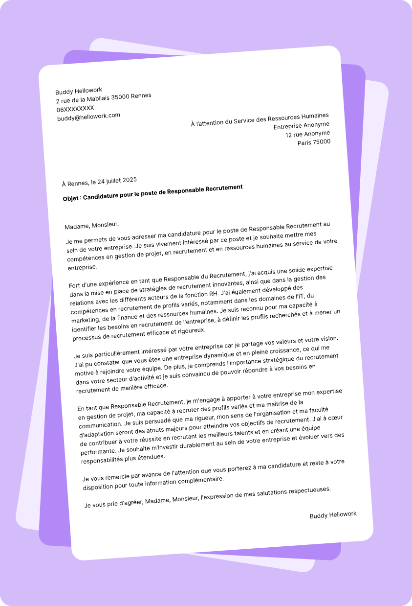 Exemple lettre de motivation Responsable du recrutement