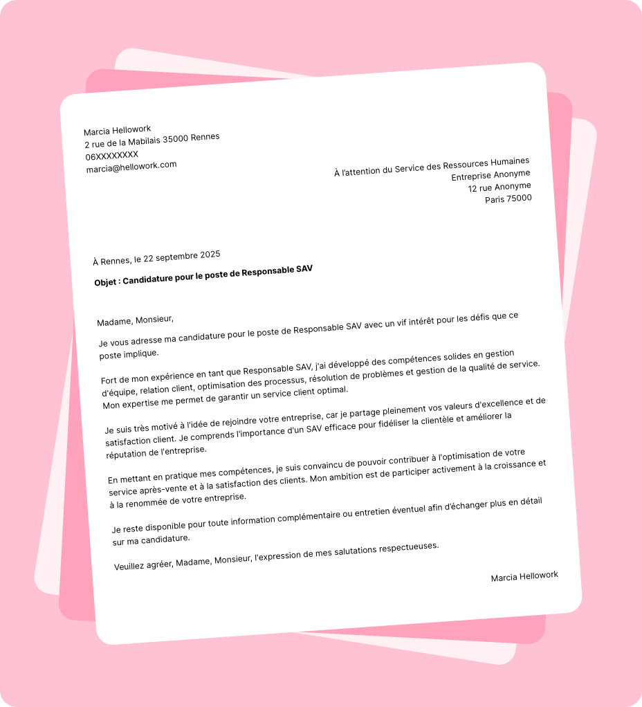 Modèle lettre de motivation Responsable SAV Exemple lettre de motivation Responsable SAV