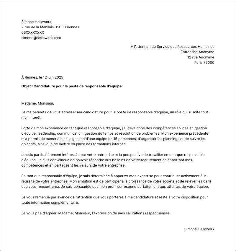 Modèle lettre de motivation Responsable d'équipe Exemple lettre de motivation Responsable d'équipe