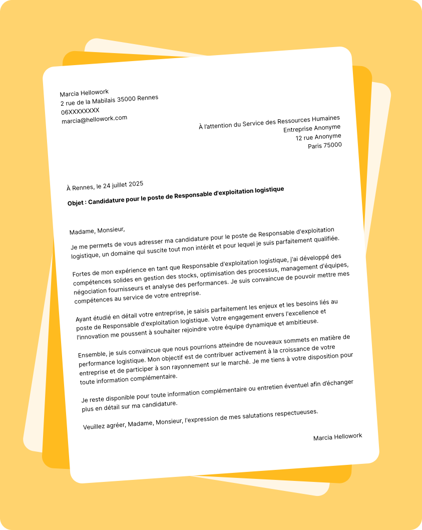 Exemple lettre de motivation Responsable d'exploitation logistique