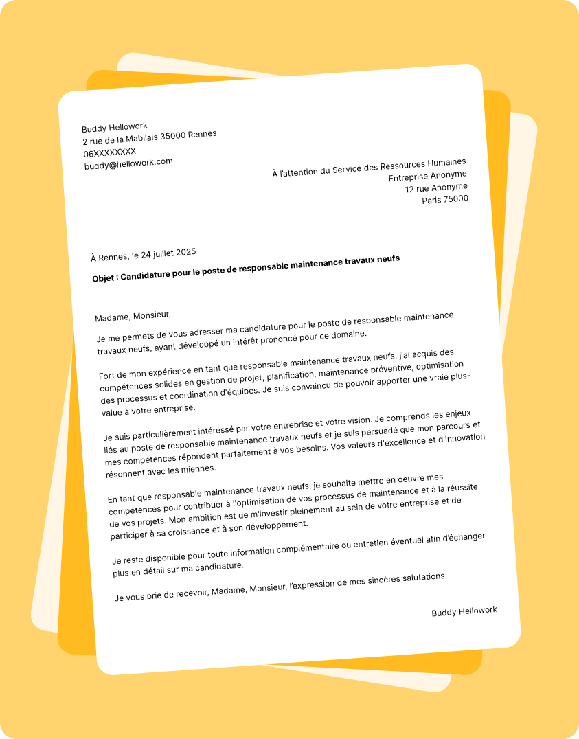 Exemple lettre de motivation Responsable maintenance travaux neufs