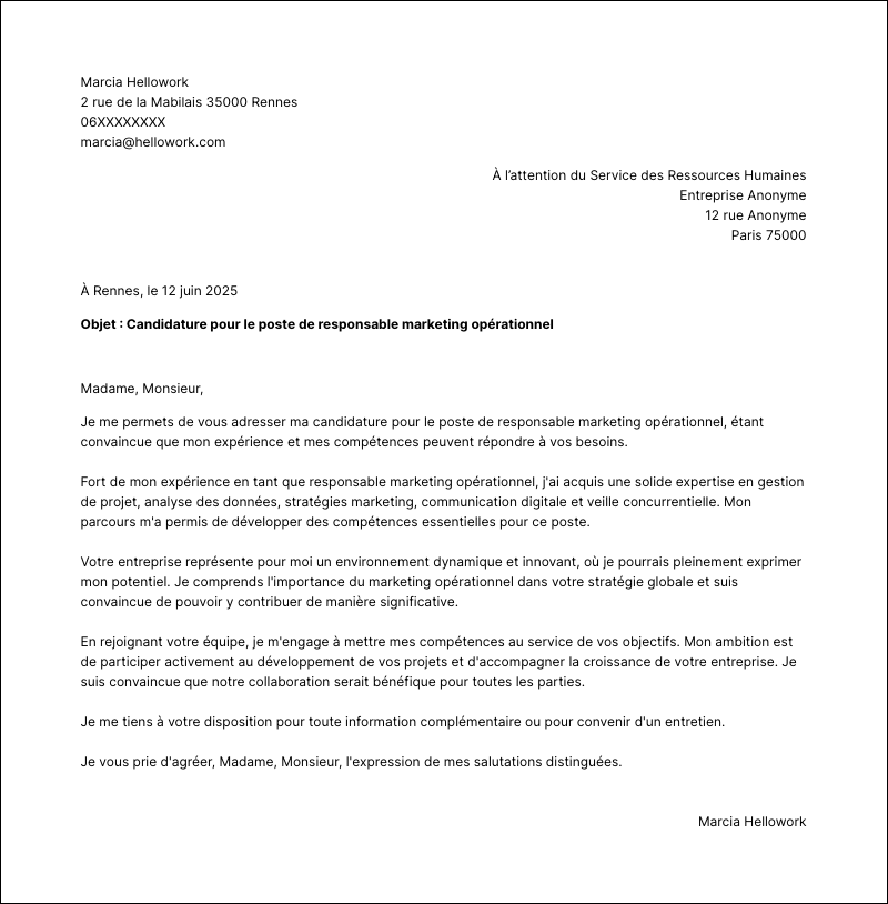 Modèle lettre de motivation Responsable marketing opérationnel Exemple lettre de motivation Responsable marketing opérationnel