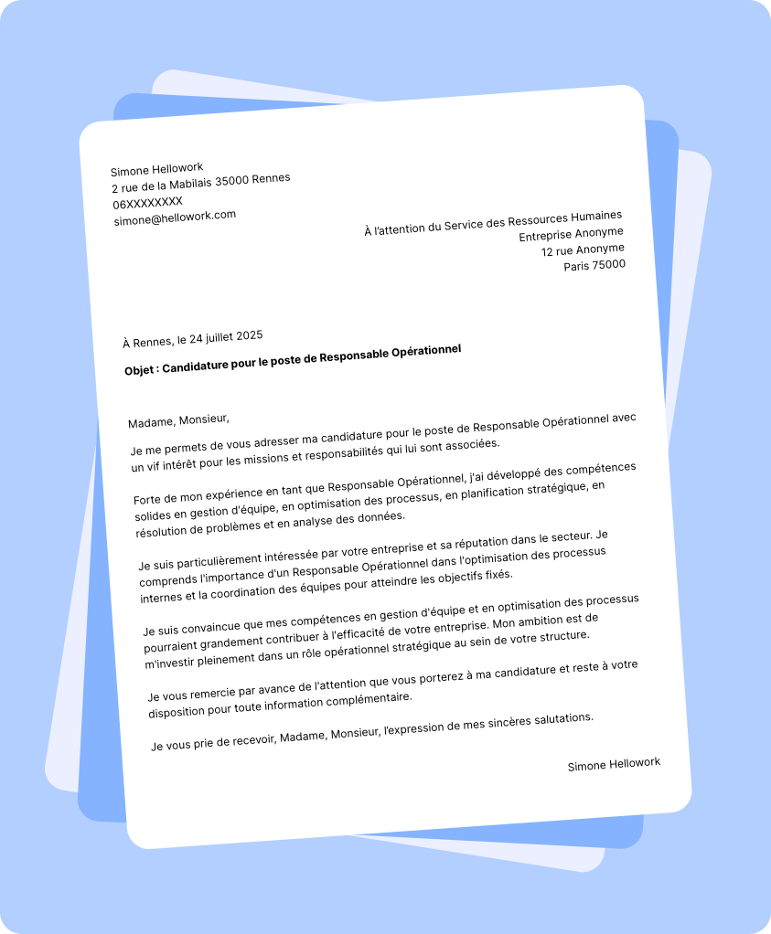 Exemple lettre de motivation Responsable opérationnel