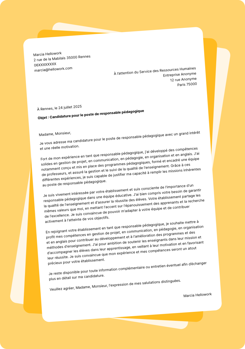 Exemple lettre de motivation Responsable pédagogique