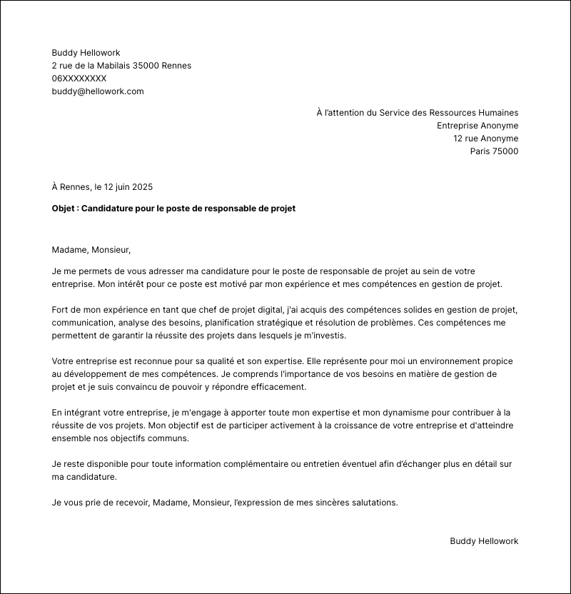Modèle lettre de motivation Responsable de projet Exemple lettre de motivation Responsable de projet