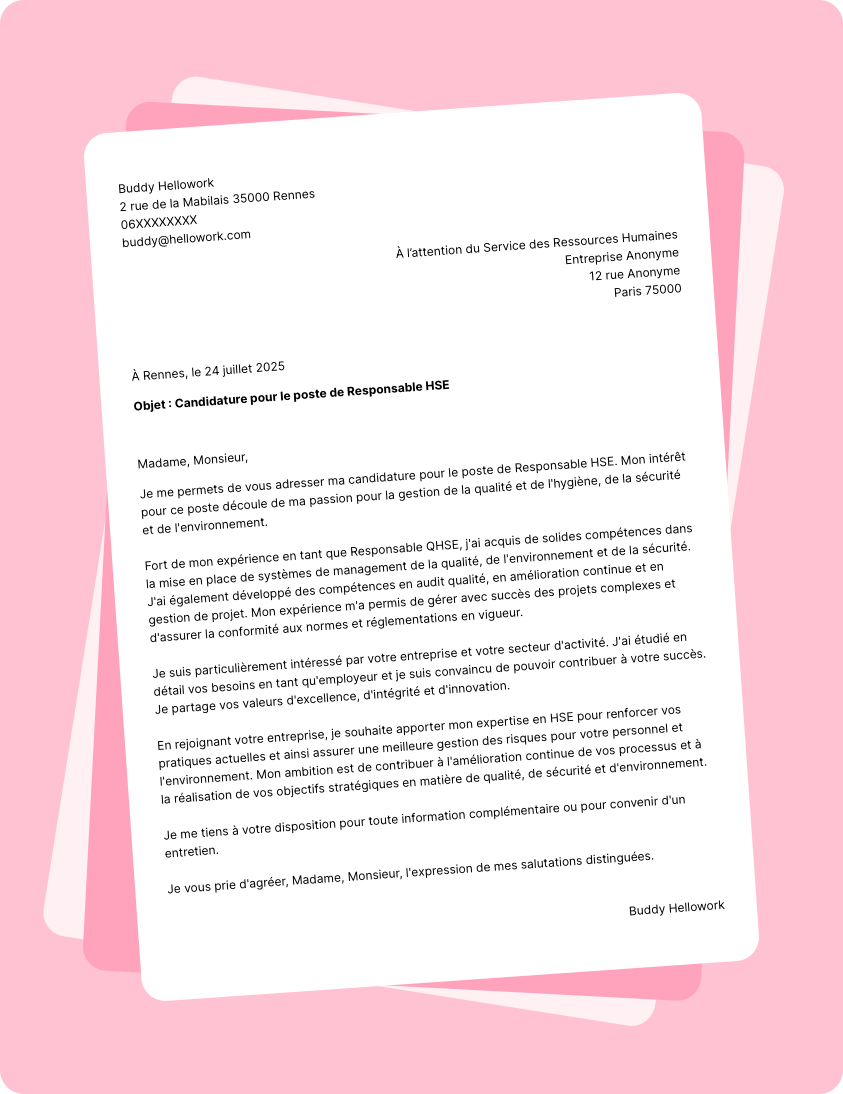 Exemple lettre de motivation Responsable QSE