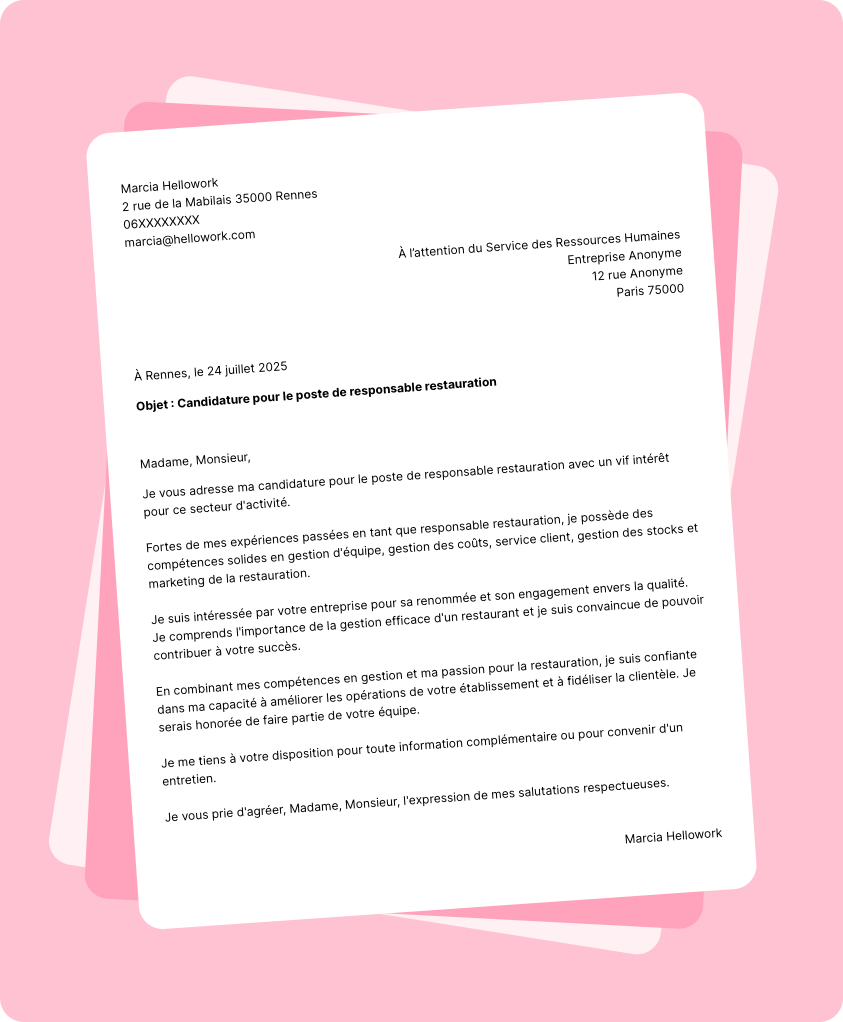 Exemple lettre de motivation Responsable restauration