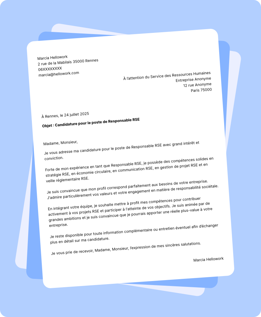Modèle lettre de motivation Responsable RSE Exemple lettre de motivation Responsable RSE