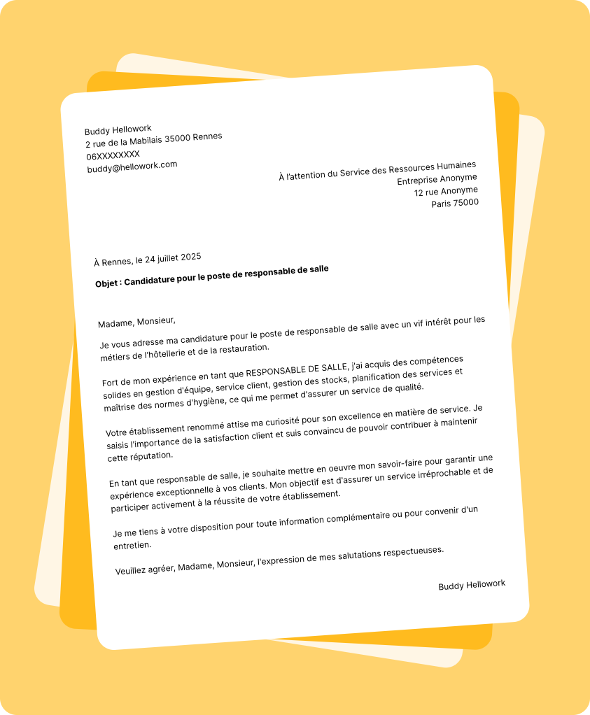 Exemple lettre de motivation Responsable de salle