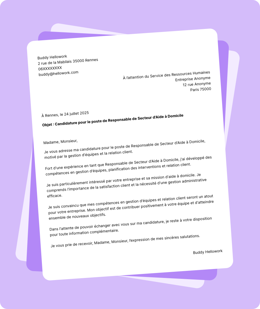 Modèle lettre de motivation Responsable de secteur d'aide à domicile Exemple lettre de motivation Responsable de secteur d'aide à domicile