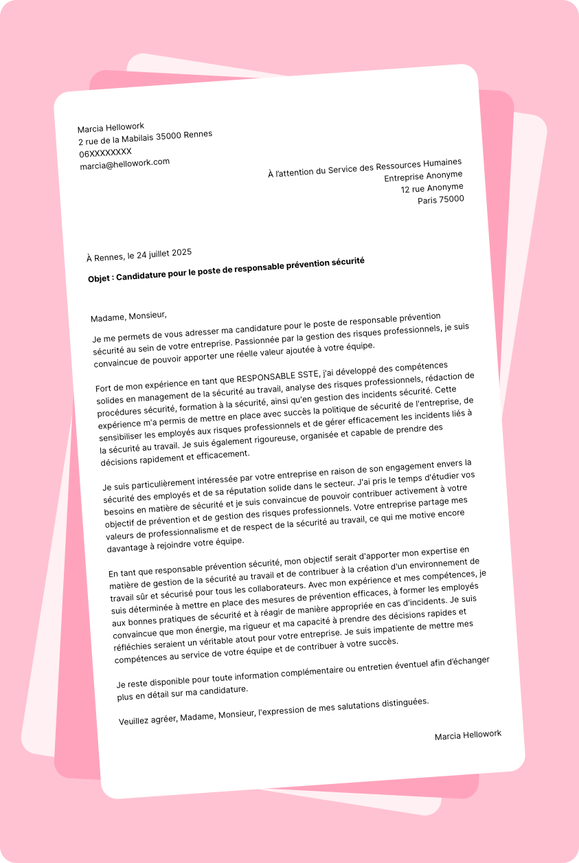 Modèle lettre de motivation Responsable prévention sécurité Exemple lettre de motivation Responsable prévention sécurité