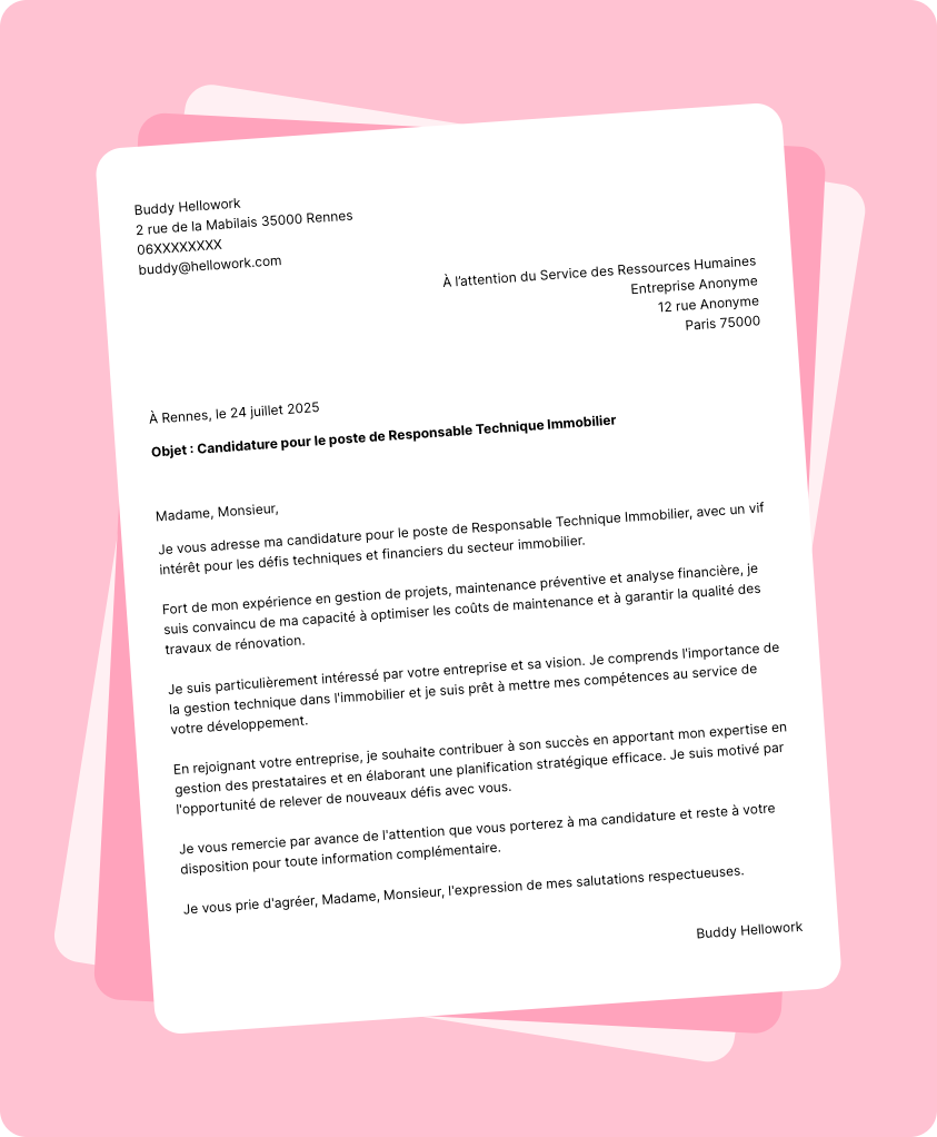 Exemple lettre de motivation Responsable technique immobilier