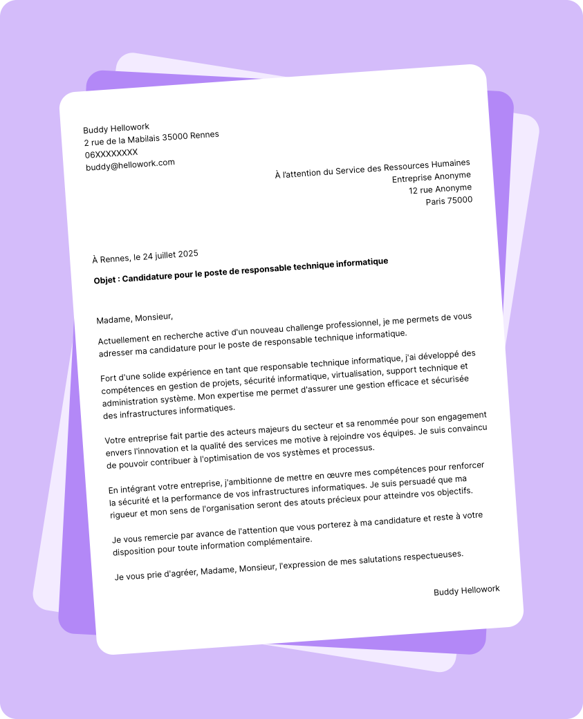 Modèle lettre de motivation Responsable technique informatique Exemple lettre de motivation Responsable technique informatique