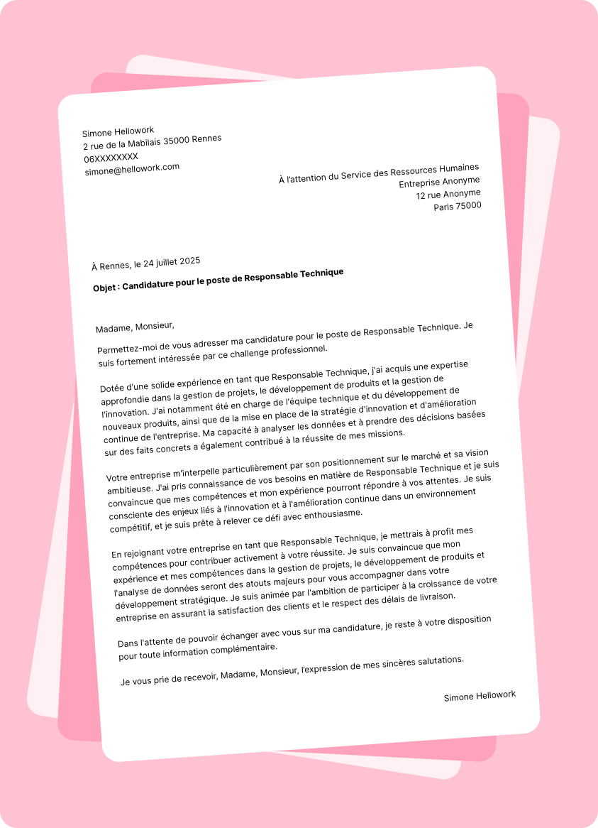 Modèle lettre de motivation Responsable technique Exemple lettre de motivation Responsable technique
