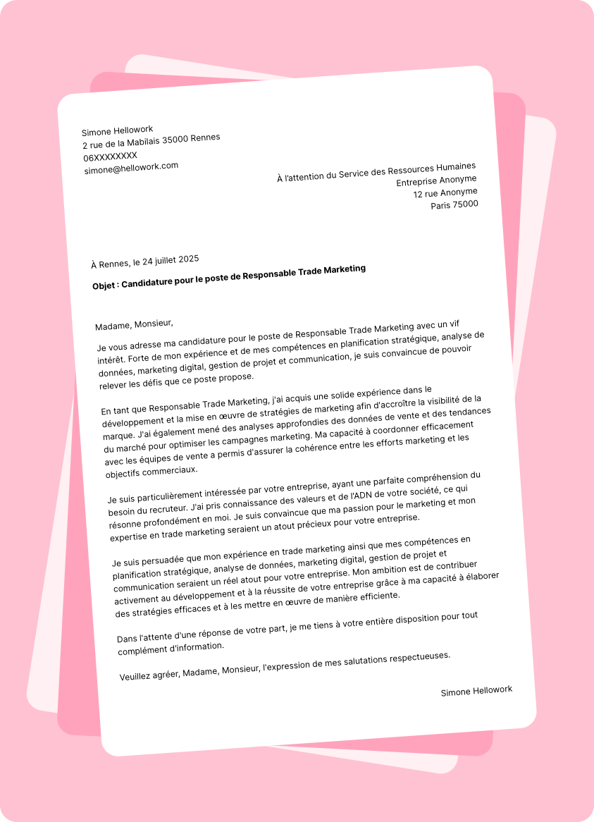 Modèle lettre de motivation Responsable trade-marketing Exemple lettre de motivation Responsable trade-marketing