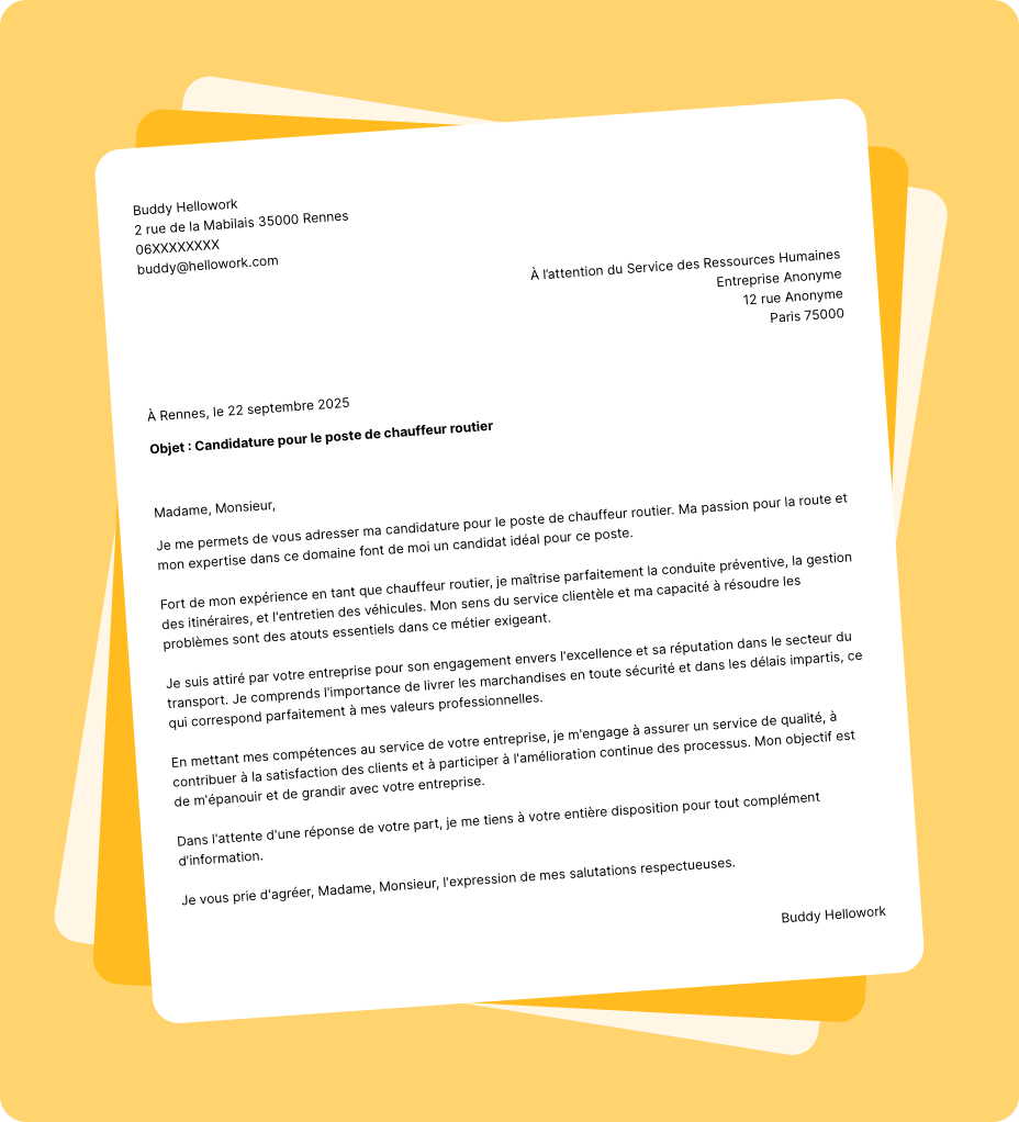 Exemple lettre de motivation Chauffeur routier