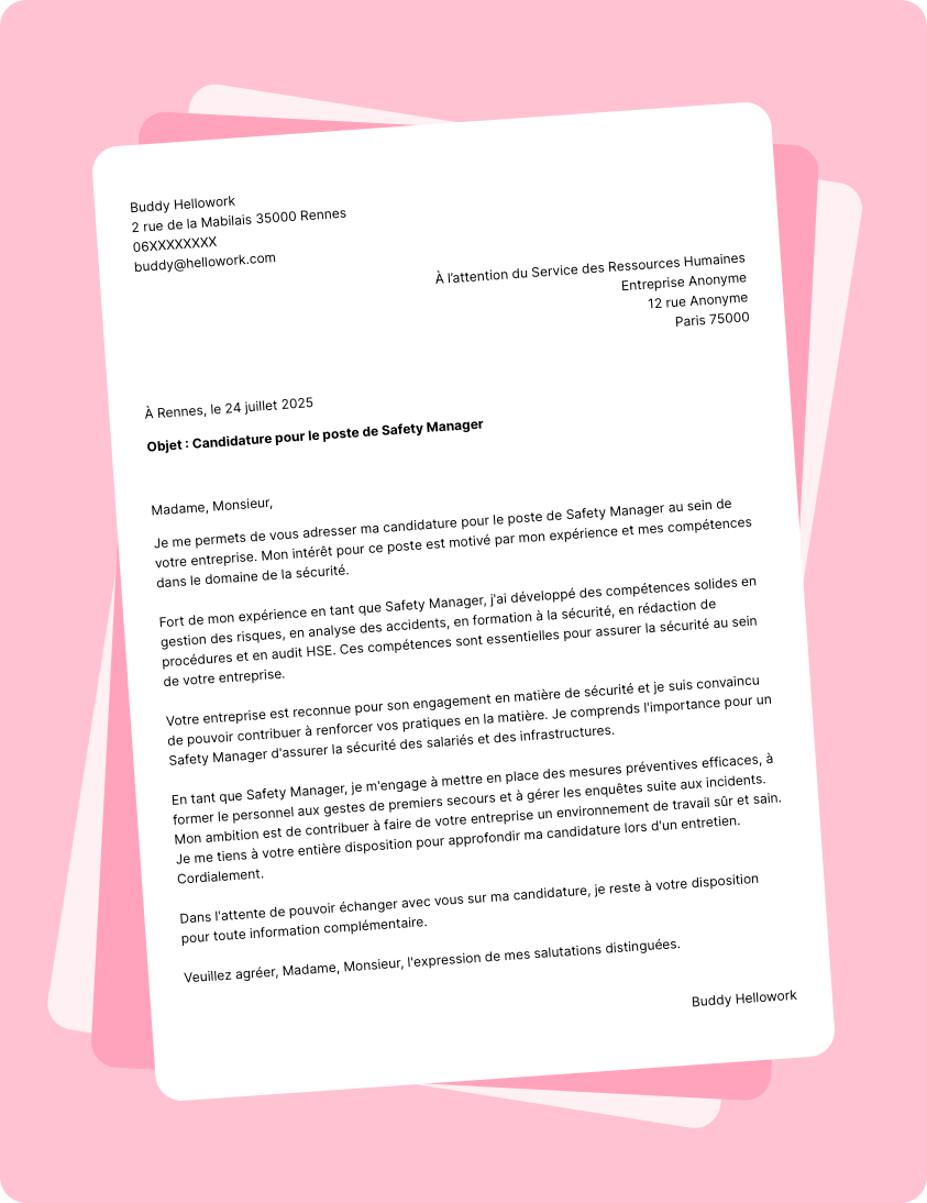 Modèle lettre de motivation Safety manager Exemple lettre de motivation Safety manager