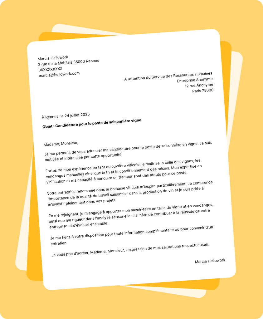 Exemple lettre de motivation Saisonnier vigne