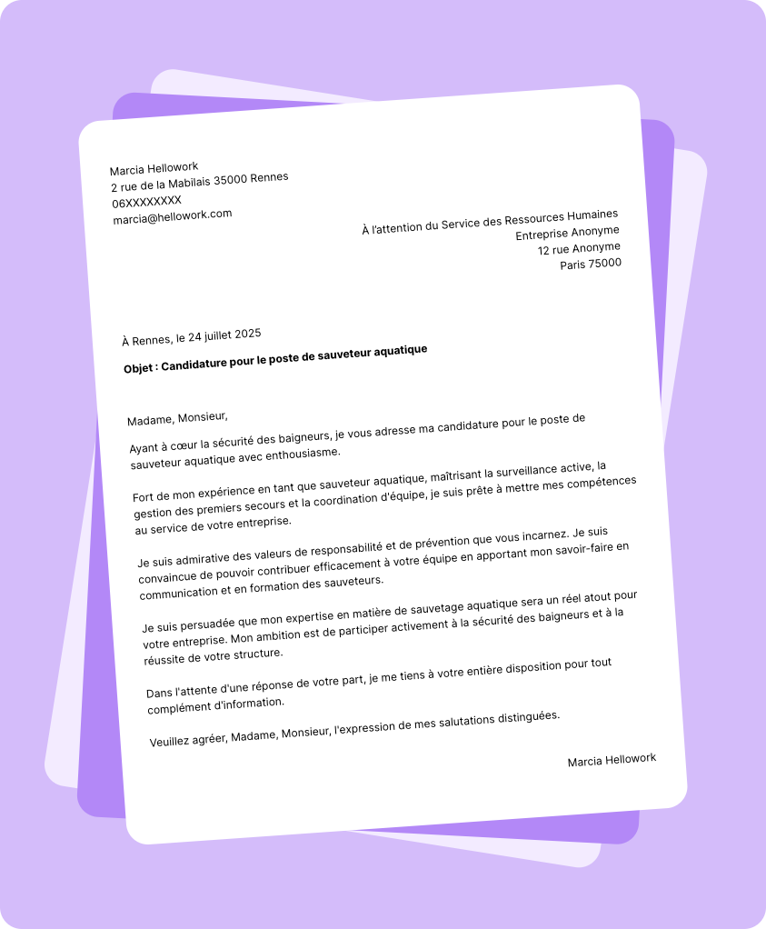 Exemple lettre de motivation Sauveteur aquatique
