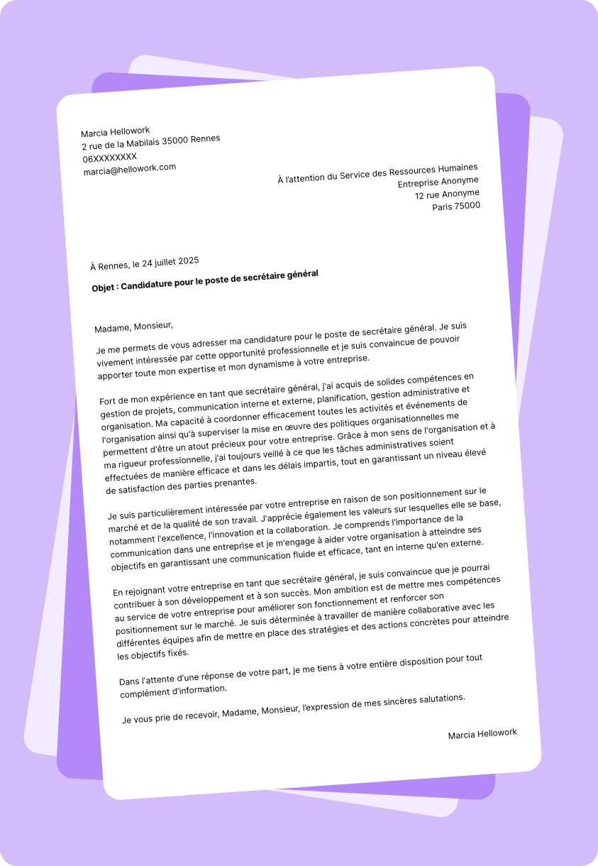 Modèle lettre de motivation Secrétaire général Exemple lettre de motivation Secrétaire général