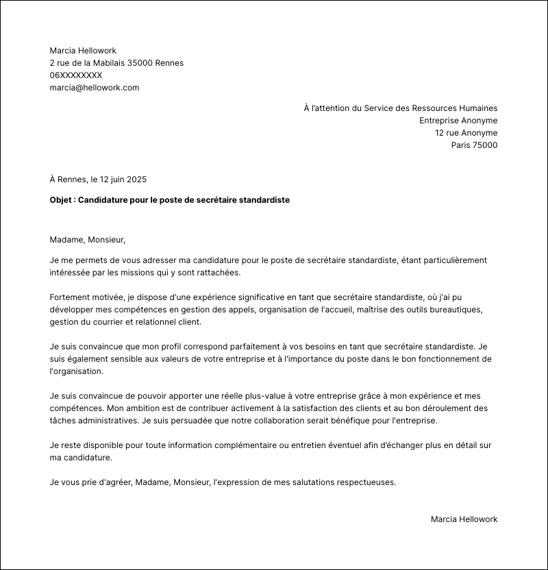 Modèle lettre de motivation Secrétaire standardiste Exemple lettre de motivation Secrétaire standardiste