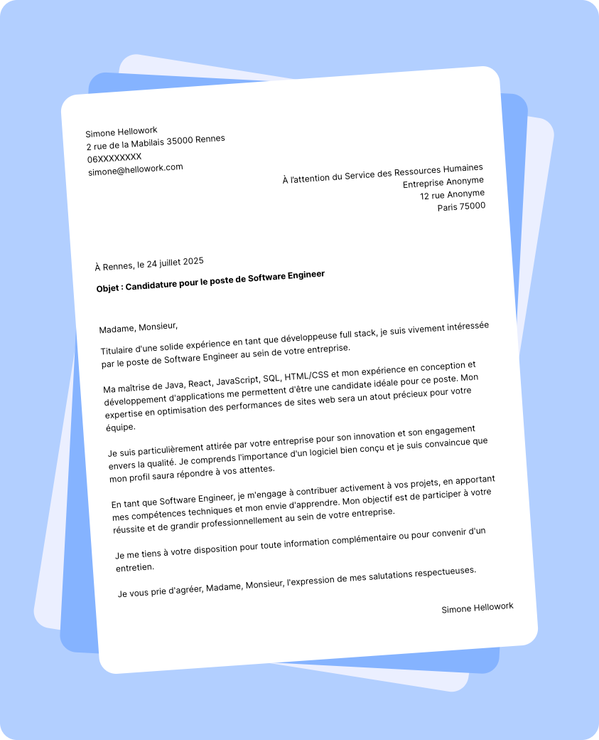 Exemple lettre de motivation Software engineer