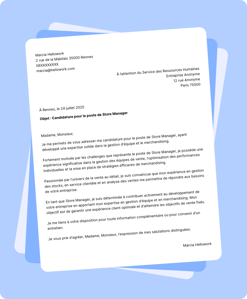 Modèle lettre de motivation Store manager Exemple lettre de motivation Store manager