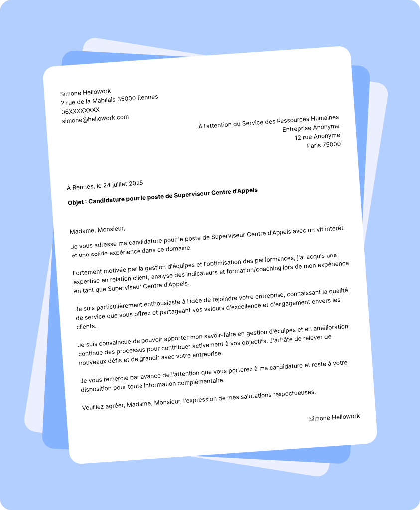 Modèle lettre de motivation Superviseur centre d'appels Exemple lettre de motivation Superviseur centre d'appels