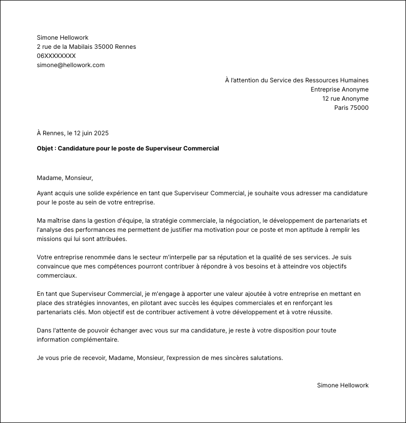 Modèle lettre de motivation Superviseur commercial Exemple lettre de motivation Superviseur commercial