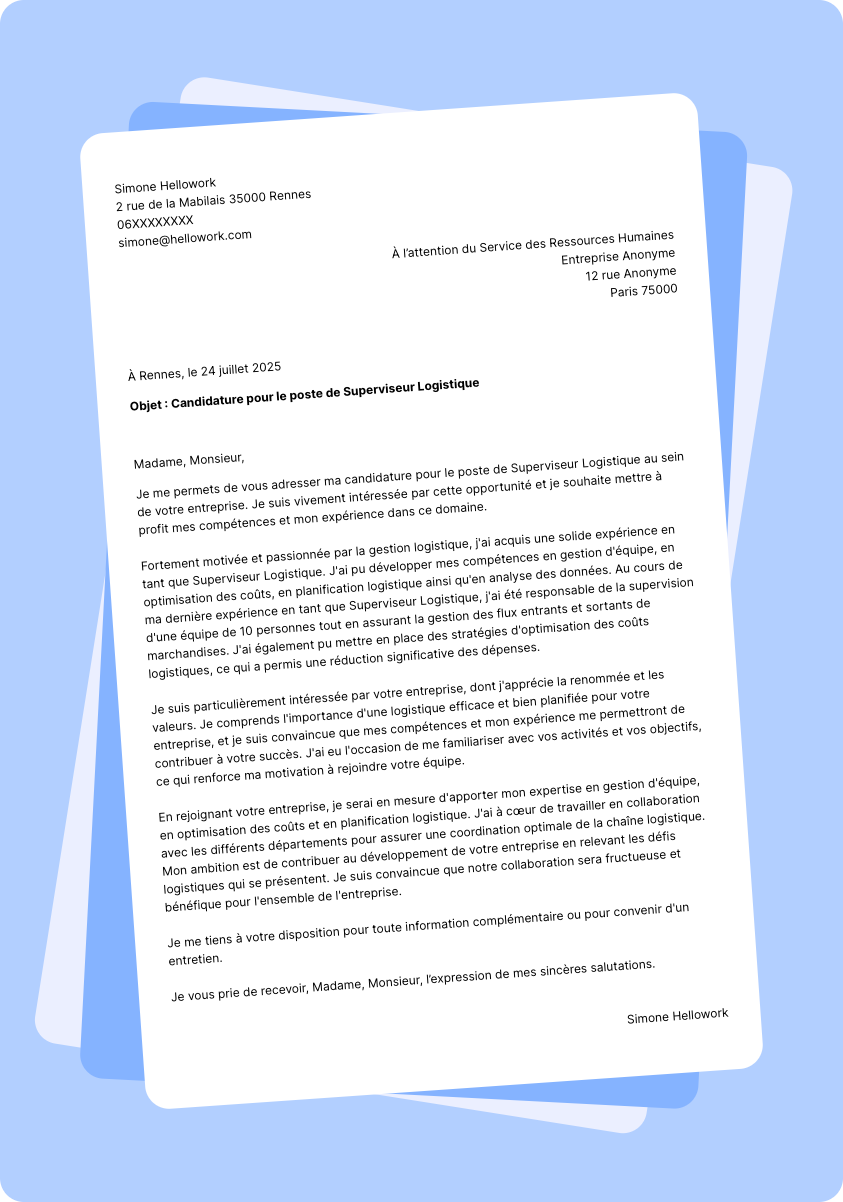 Modèle lettre de motivation Superviseur logistique Exemple lettre de motivation Superviseur logistique