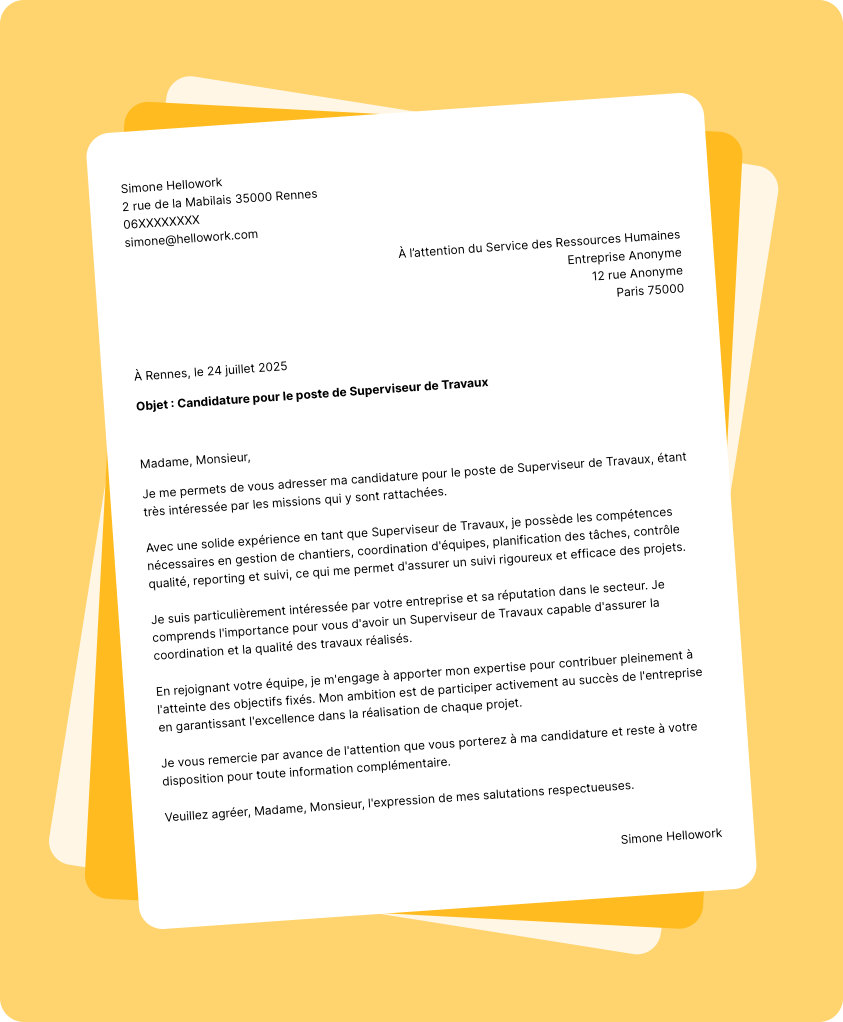 Modèle lettre de motivation Superviseur de travaux Exemple lettre de motivation Superviseur de travaux