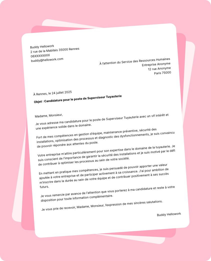 Modèle lettre de motivation Superviseur tuyauterie Exemple lettre de motivation Superviseur tuyauterie