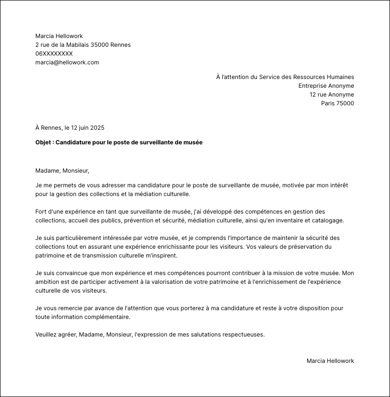 Modèle lettre de motivation Surveillant de musée Exemple lettre de motivation Surveillant de musée
