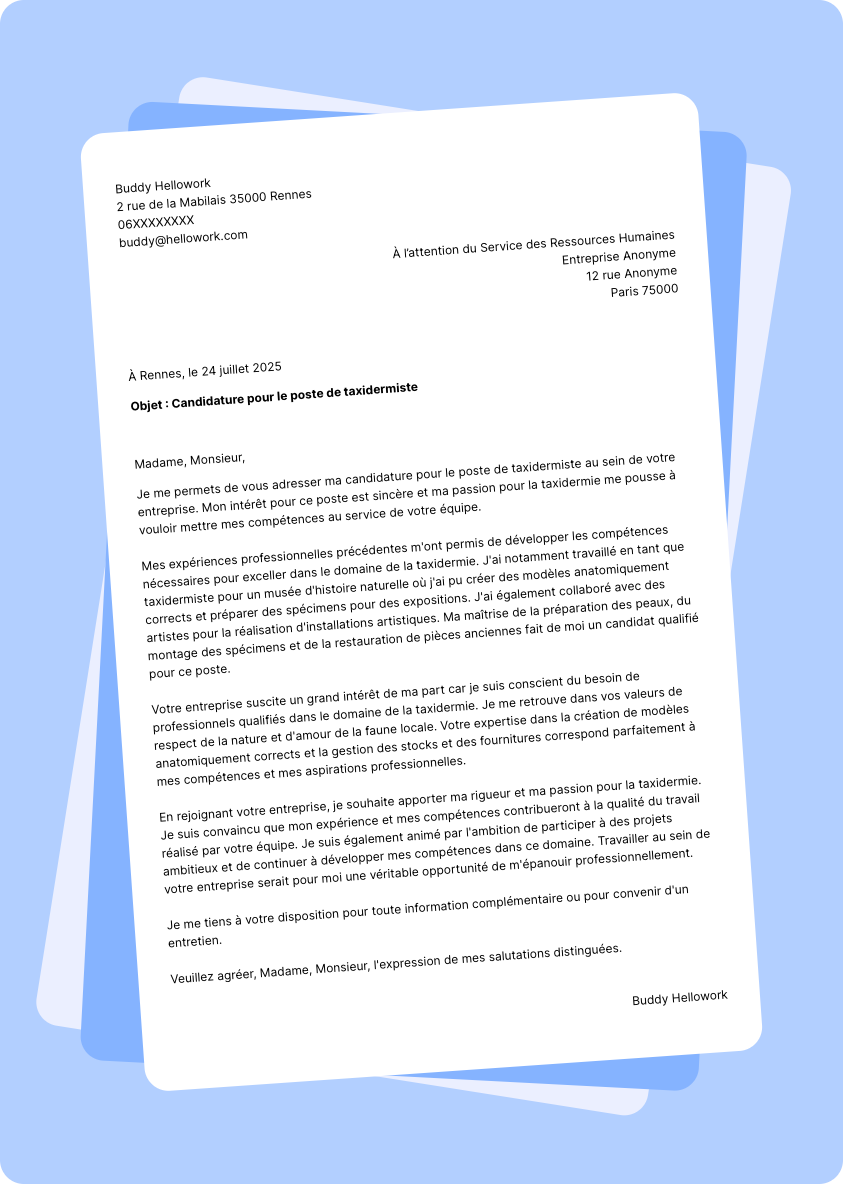 Exemple lettre de motivation Taxidermiste