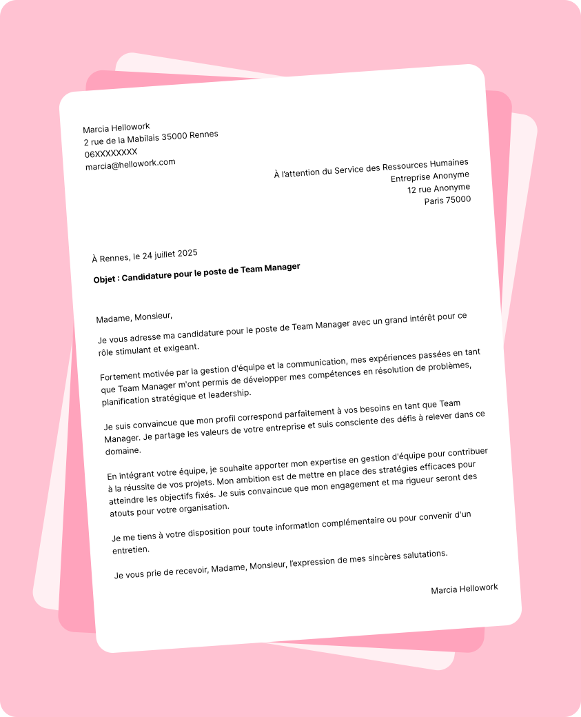 Modèle lettre de motivation Team manager Exemple lettre de motivation Team manager