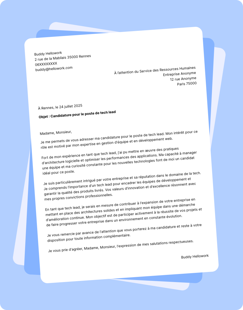 Exemple lettre de motivation Tech lead