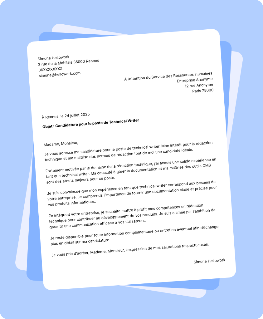 Modèle lettre de motivation Technical writer Exemple lettre de motivation Technical writer