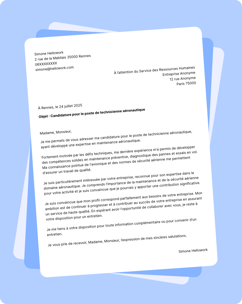 Exemple lettre de motivation Technicien aéronautique