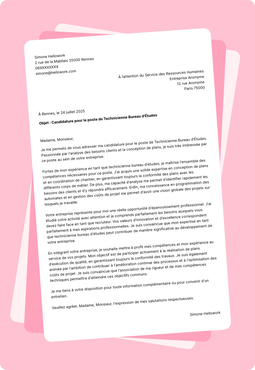 Exemple lettre de motivation Technicien bureau d'étude
