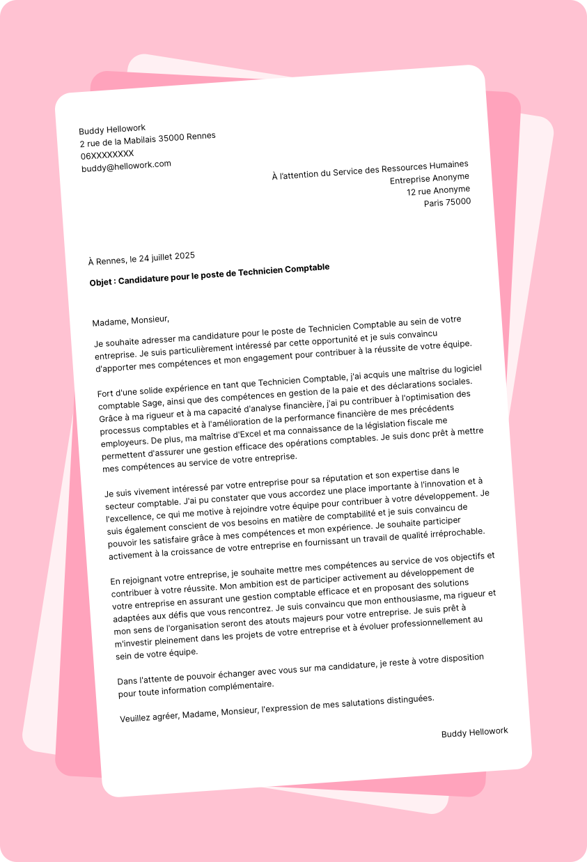 Exemple lettre de motivation Technicien comptable