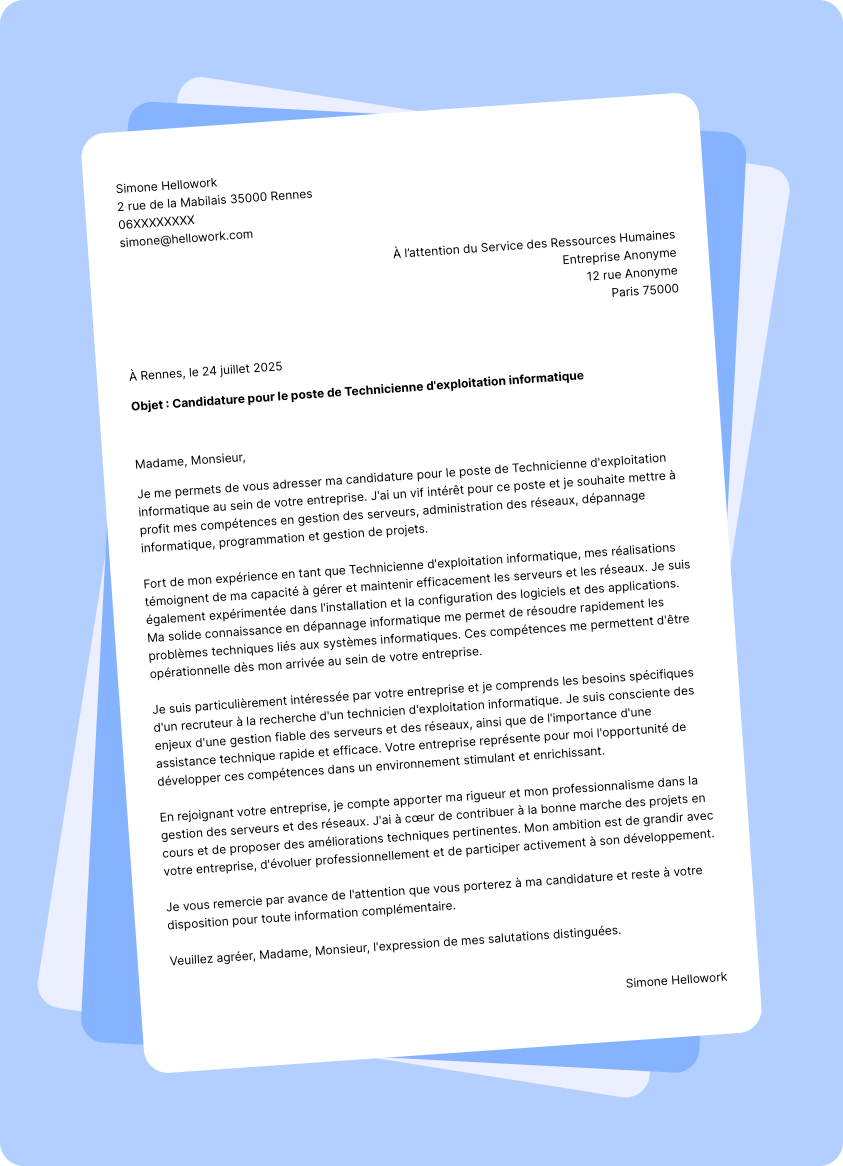 Exemple lettre de motivation Technicien d'exploitation informatique