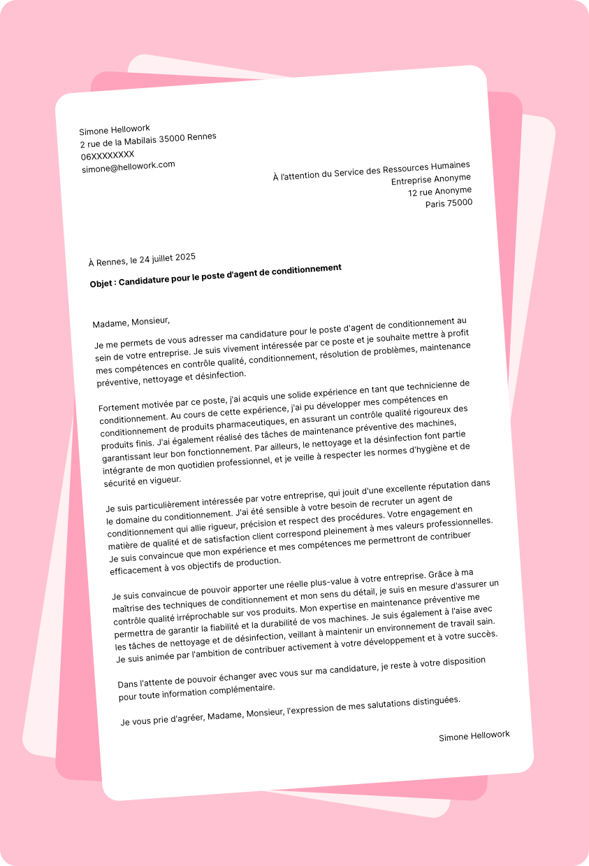 Exemple lettre de motivation Technicien de conditionnement