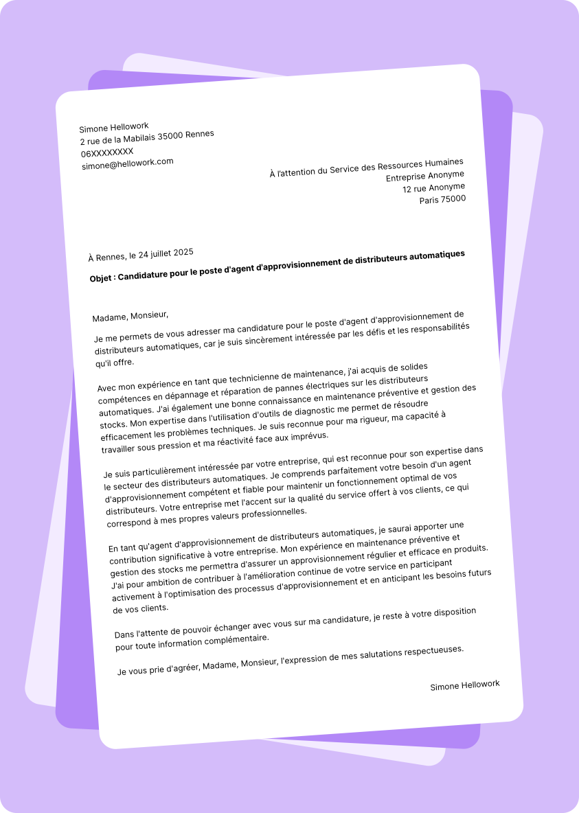 Modèle lettre de motivation Agent d'approvisionnement de distributeurs automatiques Exemple lettre de motivation Agent d'approvisionnement de distributeurs automatiques